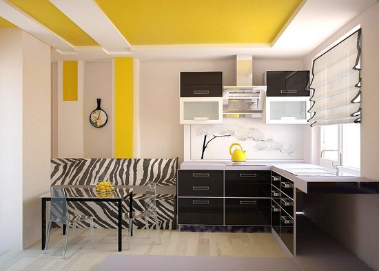 Кухня в желтых, белых и черных цветах